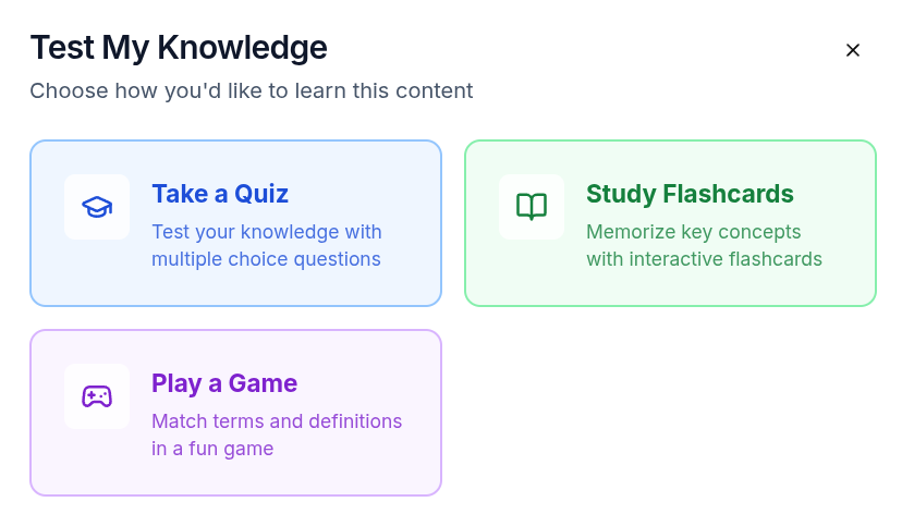 Auto-generated quizzes, flashcards and learning games icon